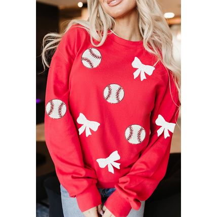 Red Sequin Baseball Bow Patched Pattern Game Day Pullover Sweatshirt