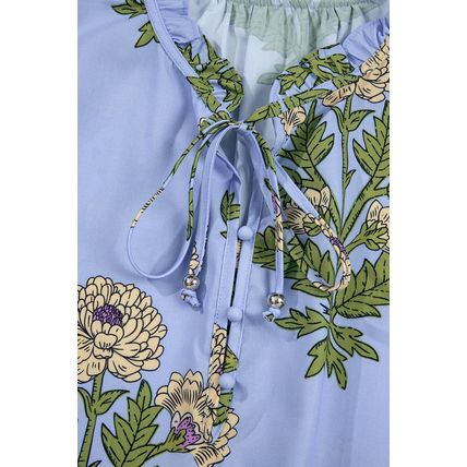 Sky Blue Floral Print Button Tie Neck Long Puff Sleeve Blouse