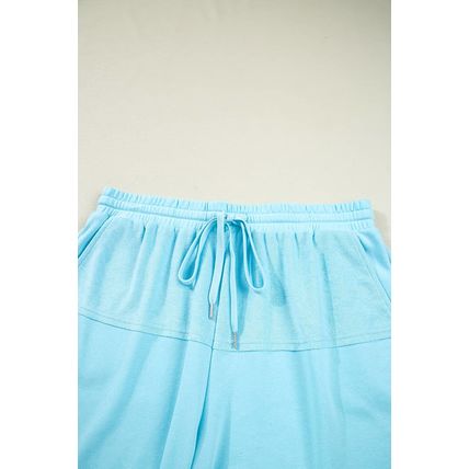 Aruba Blue Plus Size Solid Color Splicing Raw Hem Pullover Top Shorts Set