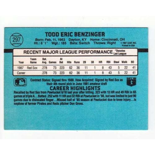 1988 Donruss Todd Benzinger RC baseball rookie card #297 –Red Sox
