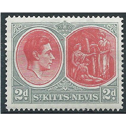 St Kitts-Nevis 1943 SG71b 2d Scarlet & Pale Grey Perf 14 Mounted Mint..