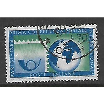 ITALY 1963 PARIS POSTAL CONFERENCE 70L POSTHORN & GLOBE SG 1096 FINE USED#