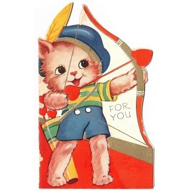 VINTAGE ' VALENTINE CARD ' CAT with Bow/ hearted shaped arrow card 1930s