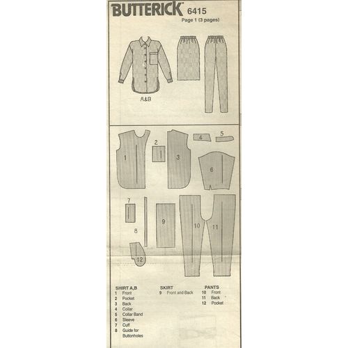 Butterick 6415 Sewing Pattern Misses Shirt Pants Skirt Size XS S M Cut to Medium