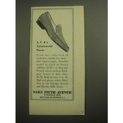 1959 Saks Fifth Avenue Continental Pacer Shoe Ad - S.F.A's Continental Pacer