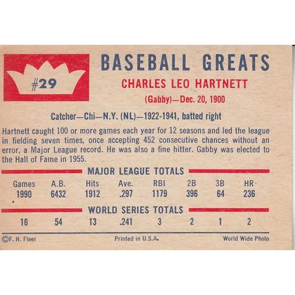 GABBY HARTNETT 1960 AUTOGRAPHED CHICAGO CUBS ALL-STAR HALL OF FAME MVP CATCHER