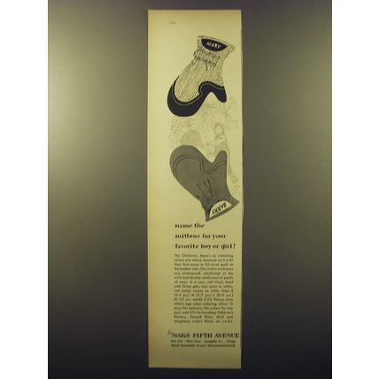 1959 Saks Fifth Avenue Mittens Ad - For your favorite boy or girl