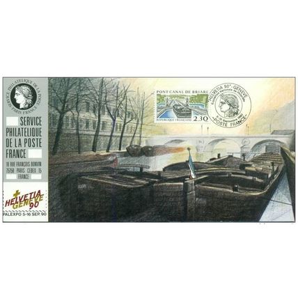068 Carte officielle Exhibition Genève 1990 France FDC Canal Briare Bateau Pont
