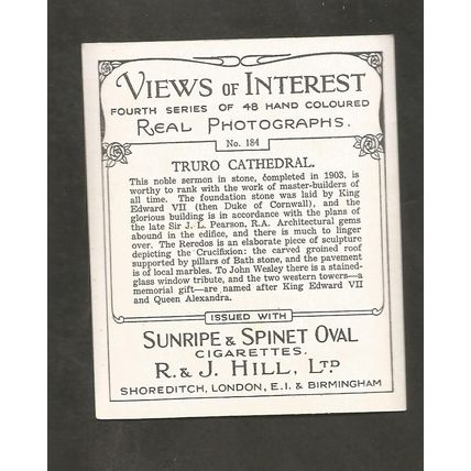 Cigarette Card Hills Views of Interest 4th Series Cornwall Truro Cathedral #184