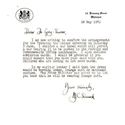 1972 Royal Trooping The Colour 10 Downing Street Hand Signed Letter