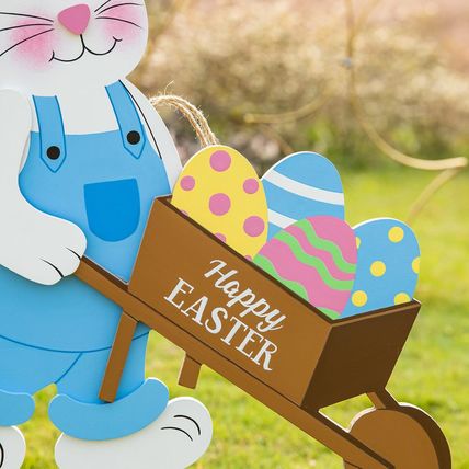 Glitzhome Easter Yard Signs Decorations Outdoor 30" H Wooden Easter Bunny Cart Y
