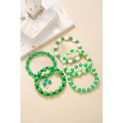 Green Clover Pendant Beaded 5pcs Bracelet Set