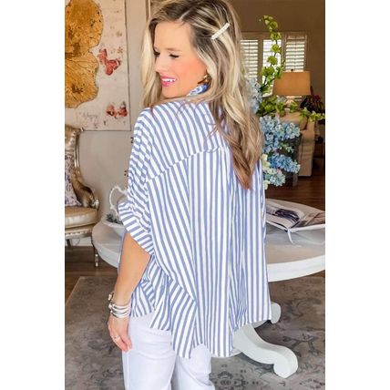 Sky Blue Stripe Dolman Sleeve Oversize Shirt