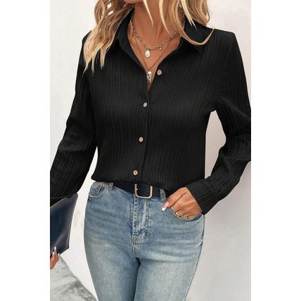 Black Solid Color Textured Buttoned Turn Down Collar Shirt