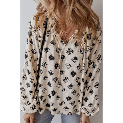 White Printed Split Neck Bubble Sleeve Loose Blouse