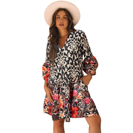 Black Retro Floral Mixed Print Split Neck A-line Dress