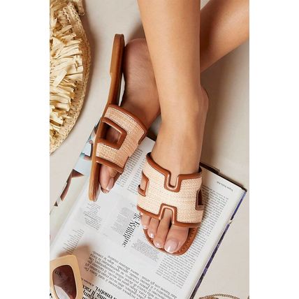 Coffee Faux Raffia Detail Hollowed Open Toe Slippers