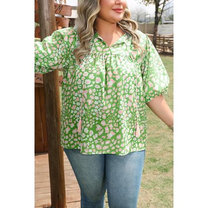 Green Plus Size Floral Tassel Tie Split Neck Puff Sleeve Blouse