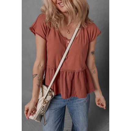 Chestnut Short Sleeve U Neck Buttons Splicing Ruffle Blouse