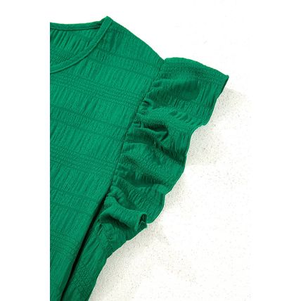 Dark Green Textured Flutter Sleeve Ruffled Mini Dress