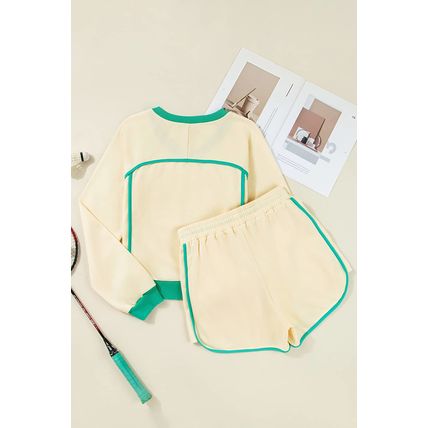White Contrast Trim Colorblock Long Sleeve Pullover and Drawstring Shorts 2pcs O