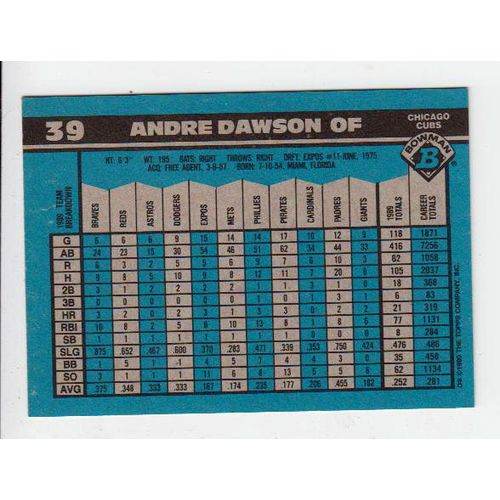 1990 Bowman Andre Dawson baseball card #39-NM-HOF- Cubs