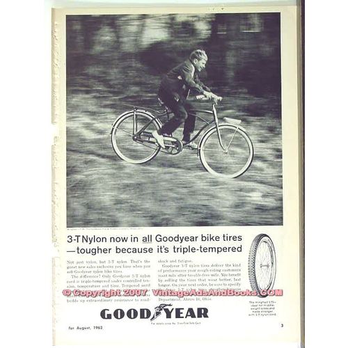 GOODYEAR TIRE RUBBER COMPANY 1963 3T nylon bike wingfoot vintage ad