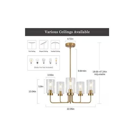 ADSENSTY 22 in. 5-Light Gold Contemporary Transitional Chandelier w/ Clear Glass