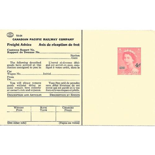 Canada #P86a Postal Card MINT, CPR Railway Advice Card, rouletted, fm 10/54