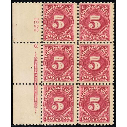 J55, Mint - Stamps NH - 5¢ Plate Block of Six SCV $660 * Stuart Katz
