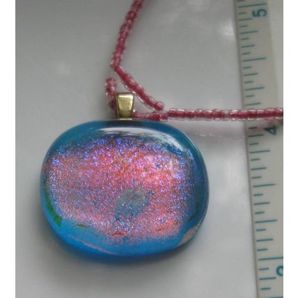 Dichroice Fused Glass Pendant & Glass Bead Handmade Necklace in blue & pink
