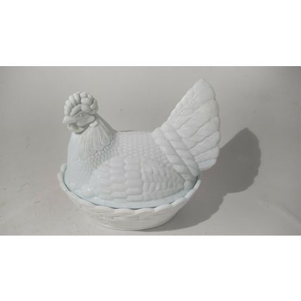 large cock nesting chicken hen nest egg store milk glass pressed vintage basket