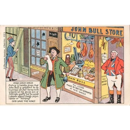 John Bull British Goods Store God Save The King Antique Comic Postcard