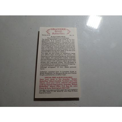 1983 Grandee British Butterflies Card # 25 of 32 Black Hairstreak VG-Ex (4)