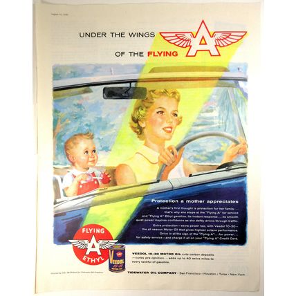 Vintage Print Ad 1956 Flying A Ethyl Veedol 10-30 Motor Oil Mother Child in Car