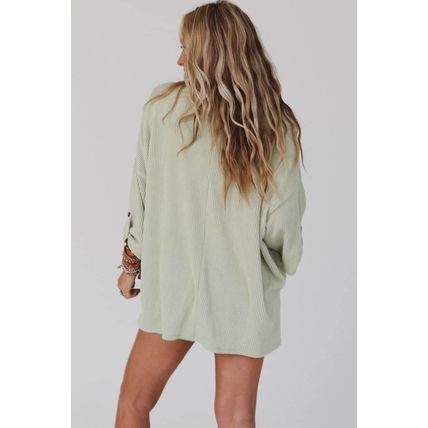 Green Ribbed Roll-tab Sleeve Chest Pocket Oversize Top