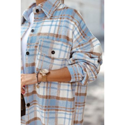 Sky Blue Plaid Flap Pocket Long Sleeve Shacket
