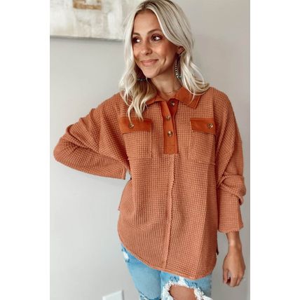 Brown Waffle Knit Button Contrast Trim Long Sleeve Top