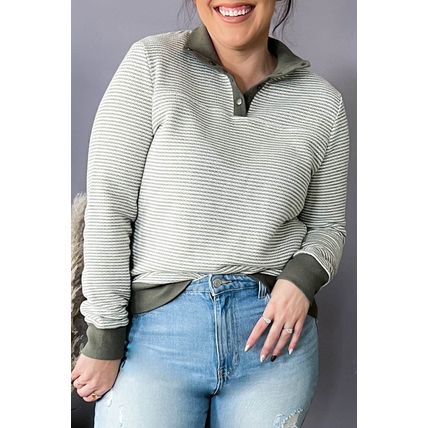 Green Striped Contrasting Trim Plus Size Henley Pullover