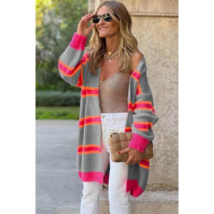 Medium Grey Stripe Printed Ribbed Long Knitted Cardigan