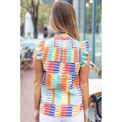 Multicolor Striped Print High Neck Flutter Top