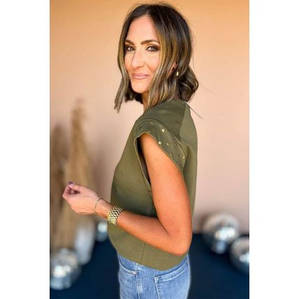 Guacamole Green Studded Short Sleeve Top