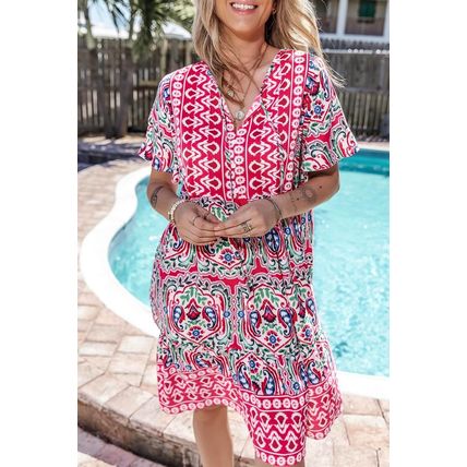 Pink Bohemian Print Tie Neck Ruffle Hem Short Dress
