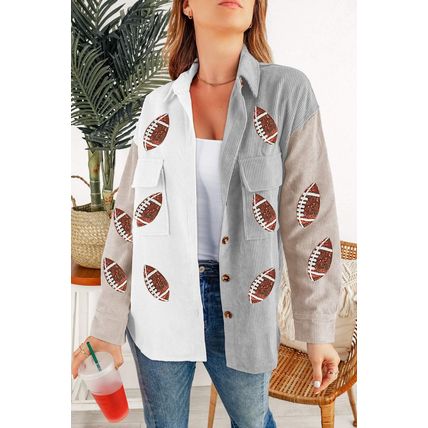 White Sequin Rugby Graphic Flap Pockets Corduroy Shacket
