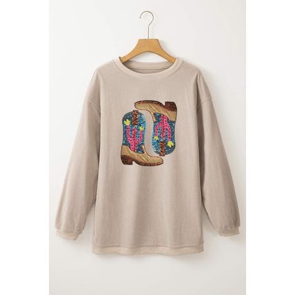 Smoke Gray Western Cowboy Boots Graphic Corded Loose Sweatshirt