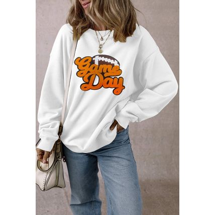 White Chenille Game Day Rugby Football Pattern Pullover Sweatshirt