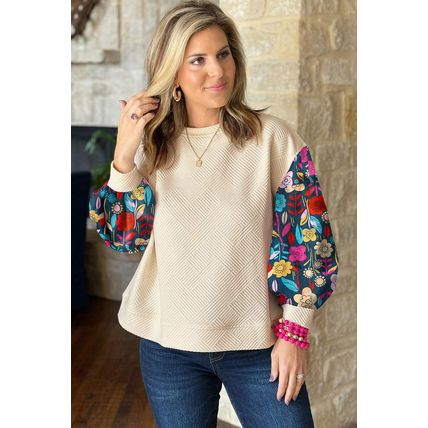 White Contrast Floral Sleeve Textured Drop Shoulder Knit Top