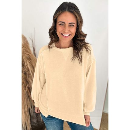 Beige Splicing Round Neck Pullover Sweatshirt