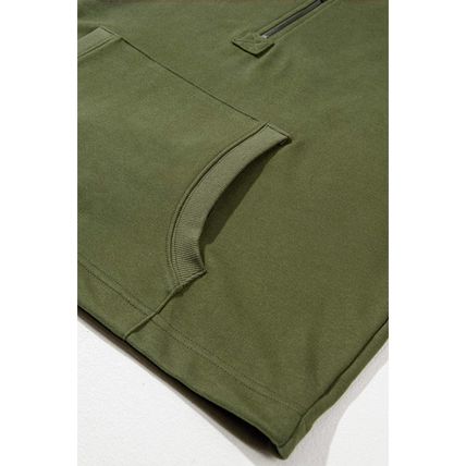 Moss Green Solid Kangaroo Pocket Half Zipper Oversized Hoodie