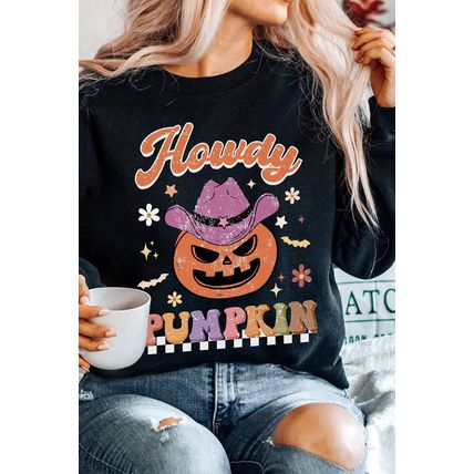 Black Halloween Howdy PUMPKIN Print Crew Neck Pullover Sweatshirt
